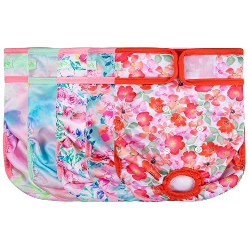 Image of wegreeco Female Dog Diapers, Washable Reusable Pet Puppy Doggie Diapers for Small Medium Large Female Dogs in Heat Period, Doggy Period Panties, 5 Pack, Large, Blossoms