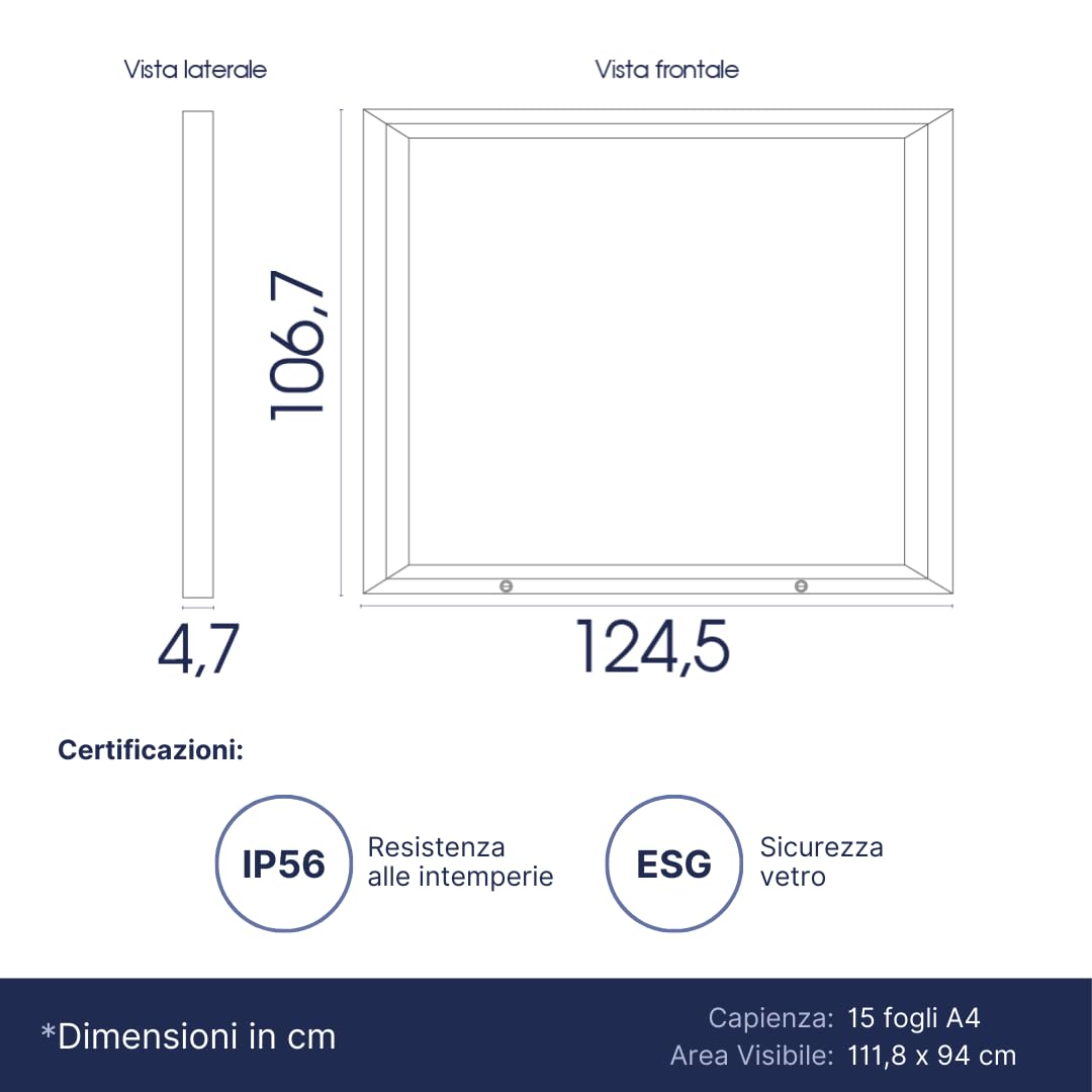 Danieli | Bacheca Certificata per Esterno 125x100 IP56, Vetro di Sicurezza, Ermetica | In Alluminio Colore Antracite, Magnetica con 2 Chiavi | Per Muri e Ringhiere (15xA4)
