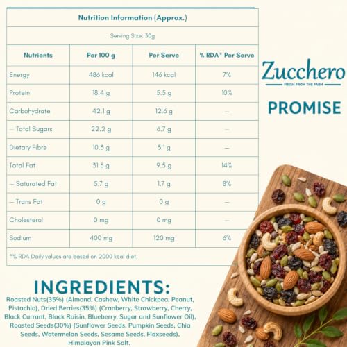 Image of Zucchero Trail Mix Superfood (400g) - 17 in 1 Roasted & Salted Nut, Seed & Berry Ultimate Blend | Oil Free | Extra Crunch | Zero Cholesterol | Protein Dense | Fitness Mix | Club Mix