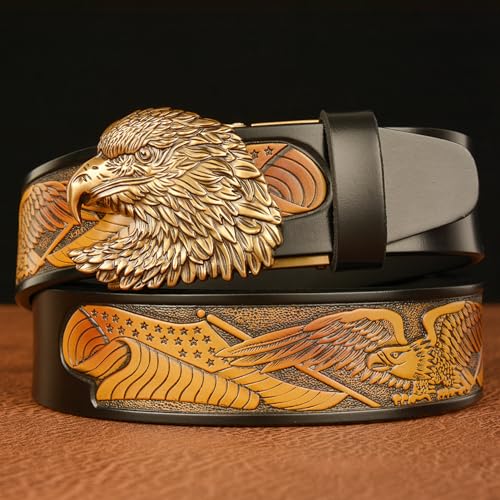 Men's Eagle Pattern Leather Belt With Golden Eagle Automatic Buckle - Western Ratchet Dress Belt, Trim To Fit4