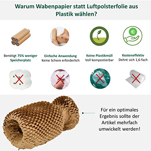 ecoTru Wabenpapier verpackungsmaterial 36cm x 20m, Luftpolsterfolie Öko Alternative für umzug und Versand, Verpackungspapier und füllmaterial für pakete, Papier noppenfolie, Bubble wrap packing rolle