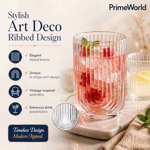 Image of PrimeWorld Vintage Ribbed Drinking Glasses Set of 4-520 ml | Heavy Big Size Art Deco U-Shape Arch Design Colored Glass Tumblers for Water, Juice, Cocktails | Decorative Party Glassware