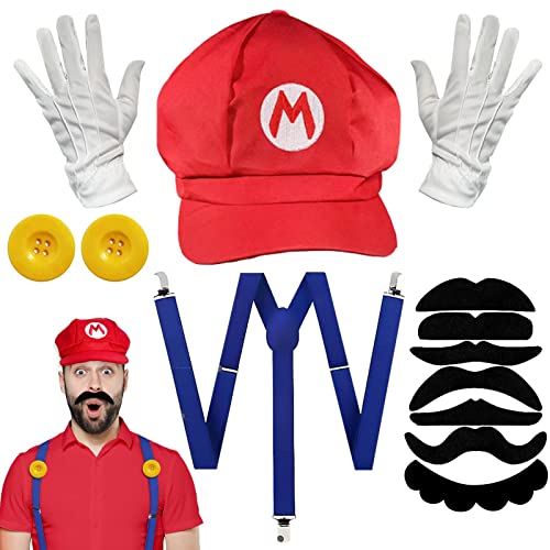 BARVERE Super Anime Kostüm, Cosplay Kostüm mit Mütze, Handschuhen, Schnurrbart, Knöpfen und Trageriemen, Knöpfen als Kostüm für Fasching & Karneval-Red Cover