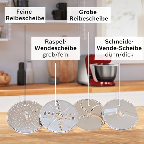 Bosch Küchenmaschine Serie 4, integrierte Waage, Mixer 1,25 L, Edelstahl-Schüssel 3,9 L, Profi-Knethaken, Schnee-, Silikonbesen, Durchlaufschnitzler, 4 Scheiben, 1000 W, weiß, MUM5XW20