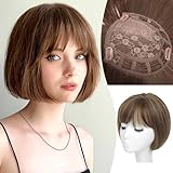 Civrie Hair Toppers for Women with Bangs Short Bob Synthetic Hair Pieces for Thinning Hair Side Part Brown with Highlights