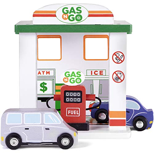 Imagination Generation Gas 'n Go Service Station | Wooden Drive-Thru Fuel Pump Children's Toy Playset with 2 Cars