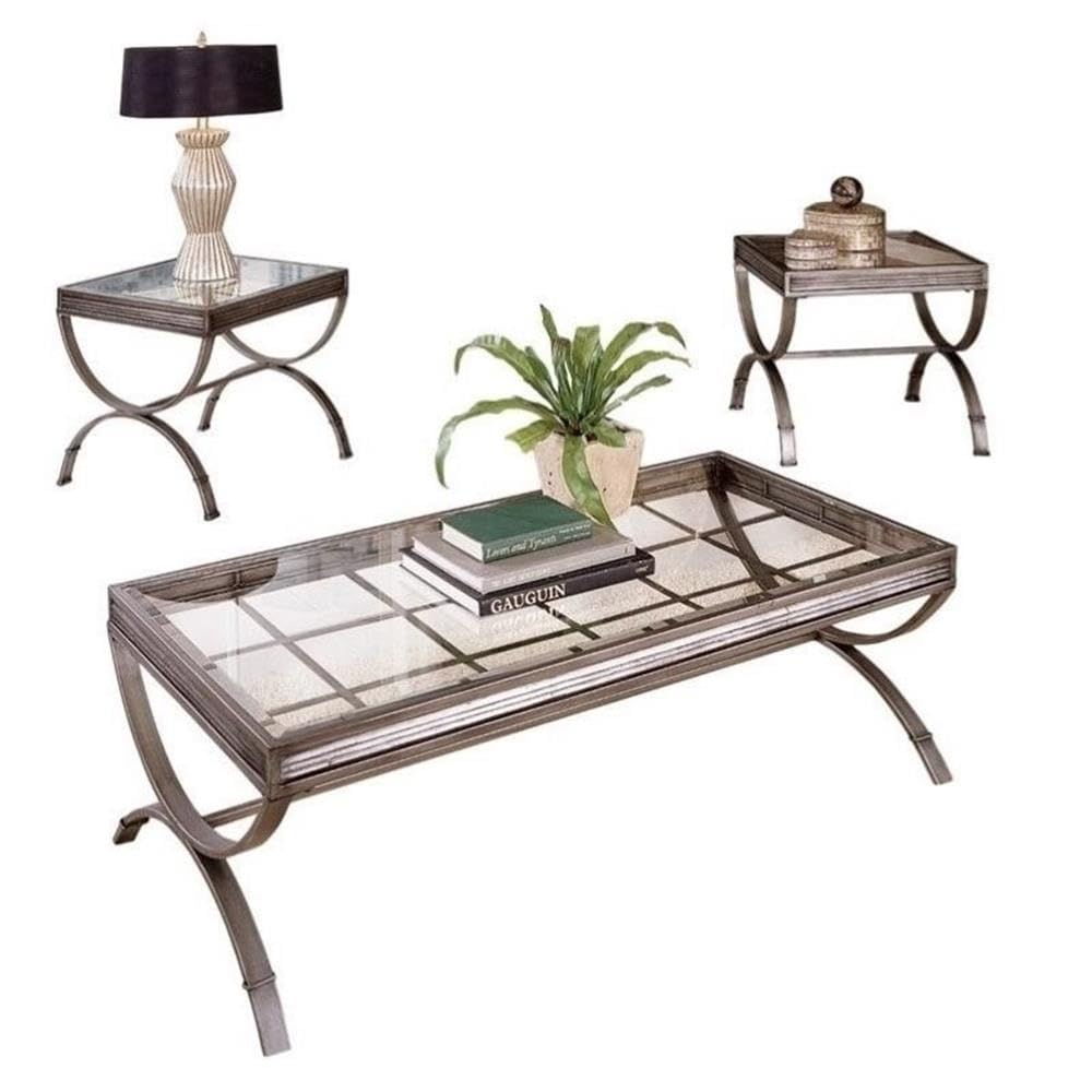 3 Piece Coffee and End Table Set, Silver Finish, Metal Hourglass Bases with Tempered Glass Tops, Scratch and Rust Resistant, Contemporary Style Living Room Furniture