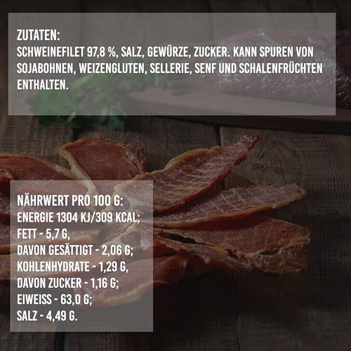 THE MEAT MAKERS - Dried Pork Tenderloin Pork Jerky 500g (5x100g) - Trockenfleisch Für Menschen, Trocken Fleisch Schweinefleisch Schweine Jerky Snack. Hervorragende Alternative zum Beef Jerky Snack.