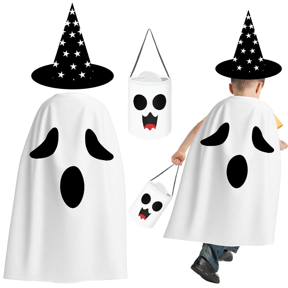 LKNBIF Ghost Cape, Kids Halloween Cloaks Hat Ghost Pocket Cosplay Robe, Cape Children's Set
