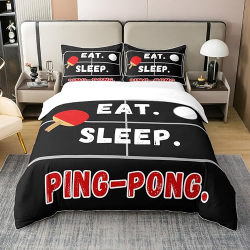 Homemissing Manger et Dormir Ping Pong Housse de Couette 200x200cm Jeux Sports Housse de Couette Jeux de Sport 100% Coton Parure de Lit Noir Rouge Blanc Literie Set