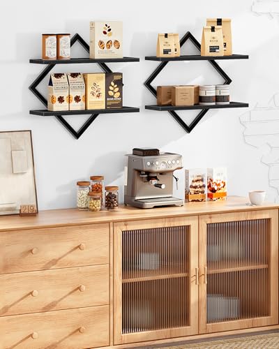 Image of CHOEZON Floating Shelves, Set of 2 Wall Shelves, 2-Tier Hanging Shelves, Wall Shelf Set of 2, Wall Mounted Shelves, for Living Room, Bedroom, Kitchen, Office, Study, Black TBJ01P2BB