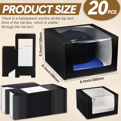Gilprop 20 Pcs Hat Boxes for Men Black Gift Boxes with Window Display Box for Hat Storage Container for Baseball Caps, Dad Hat, Billed Cap, Snapbacks, Paper Fold Box Packing Box 8.1 x 8.1 x 5.1 - Thumbnail 3