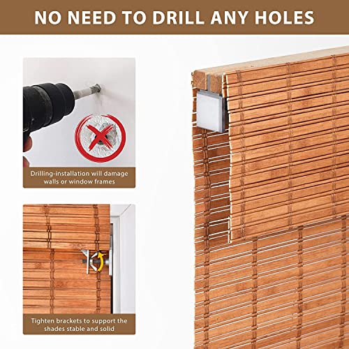 Lazblinds No Tools No Drill Cordless Bamboo Roman Shades, Light Filtering Window Treatment, Roll Up Bamboo Blinds For Window 26'' W X 64'' H, Wood #TOP2