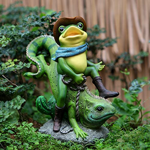 Osroene Frog Statues Garden Decor, Cowboy Frog Riding Green Lizard Figurine Outdoor Indoor Decoration Animal Statues For Garden Balcony Front Porch Patio Yard #TOP3