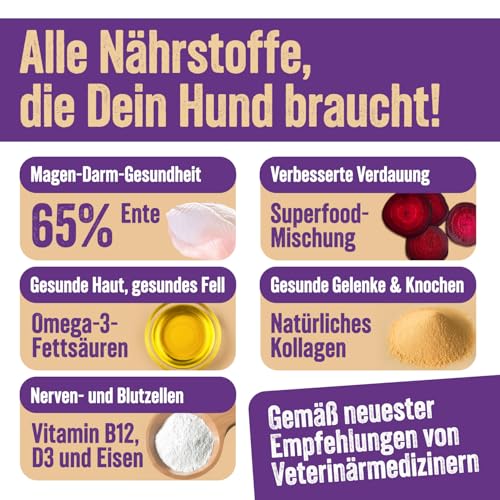 Premium Hundefutter trocken getreidefrei - Alleinfutter mit Landente 2 kg für ausgewachsene Hunde – Ente mit Pastinaken, rote Beete, Orange, Spargel & Kürbis