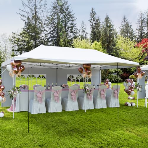 10x20 Pop Up Canopy, Commercial Heavy Duty Canopy Tents for Parties with Roller Bag, 10x20 Tents with 6 Removable Sidewalls, Upgraded Thickened Legs, 6 Sand Bags, White