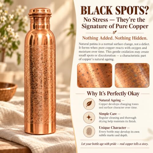 Image of Copper-Master Pure Copper Water Bottle 1L & 2 Glasses Set, Floral Etched
