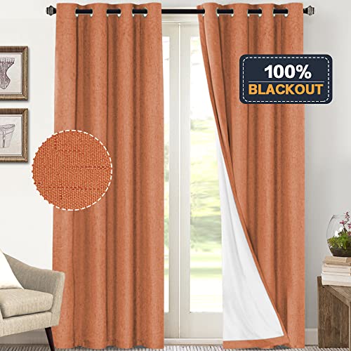 Image of PrinceDeco 100% Absolutely Blackout Linen Curtains with Thermal Insulated White Liner Extra Long Curtains for Living Room Bedroom Noise Reducing Window Treatments Drapes,Set of 2,52 x 108 Inch,Orange