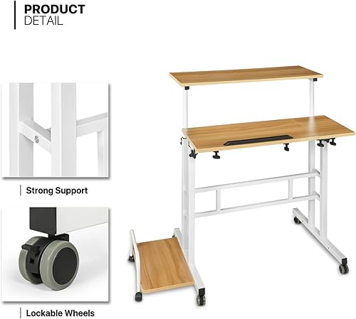 Miniatura 9 de MoNiBloom Escritorio móvil de pie para laptop estación de trabajo con ruedas de altura ajustable para computadora oficina en casa estación de