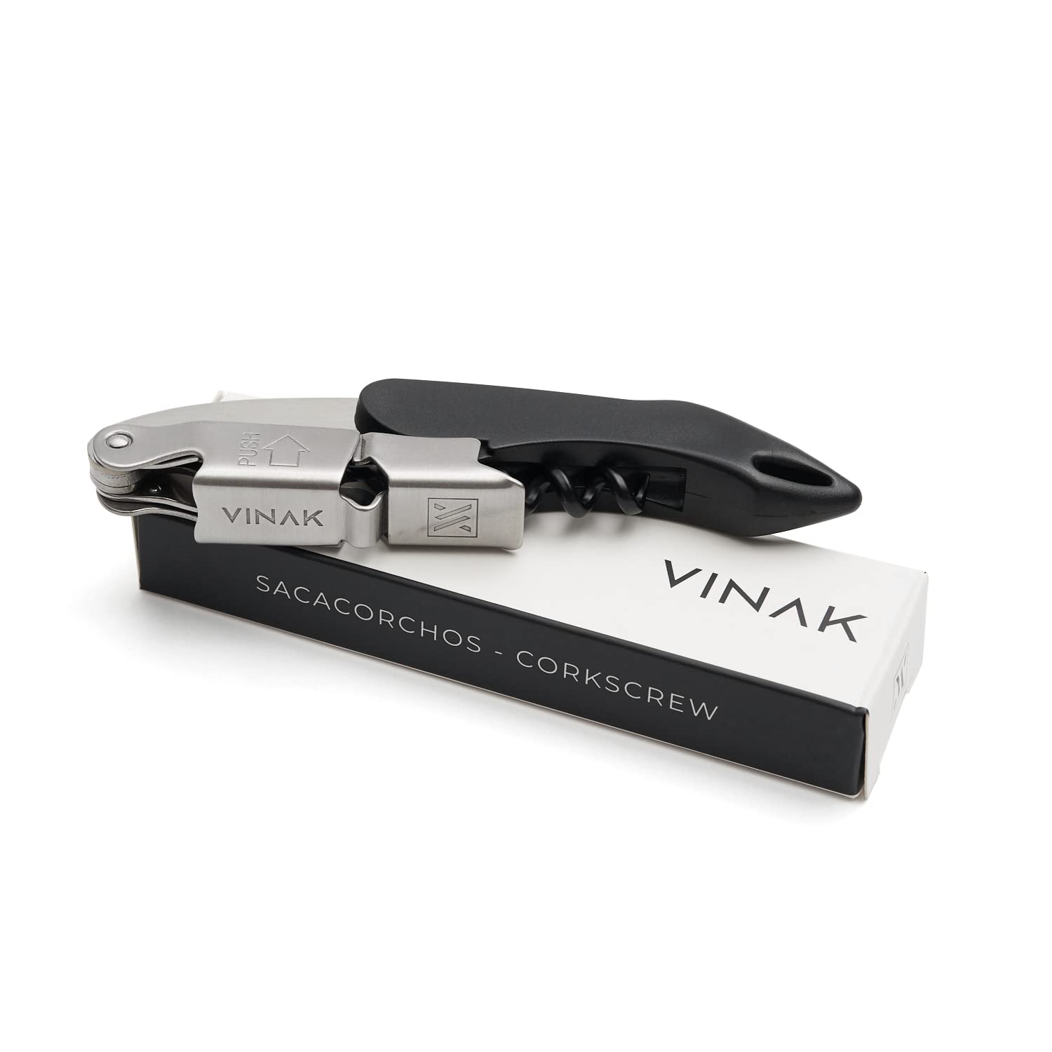 VINAK - Sacacorchos Camarero Profesional XPERT | Negro | Acero Inoxidable | Doble Apoyo Articulado | Abrebotellas y Navaja Cortacápsulas | Espiral Teflonada