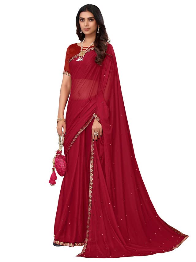 Image of SIRIL Women's Lace & Peral Work Lycra Saree with Unstitched Blouse Piece