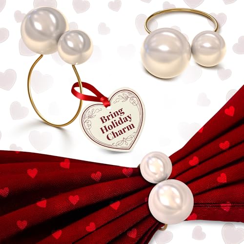 Gold Pearl Napkin Rings Set of 12 – Valentine Napkin Rings | Romantic Table Decor with Faux Pearls | Reusable, Metal & Scratch-Resistant Finish - for Weddings, Banquets, Holiday Dinners & Gift Giving