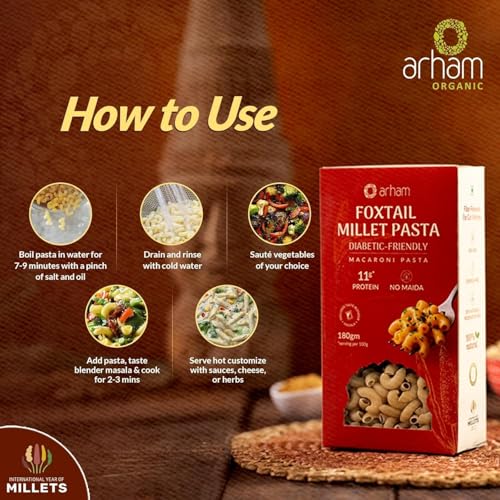 Image of Arham Organic Foxtail & Little Millet Pasta Combo 2 x 180g | Healthy No Maida Pasta | High Fiber & Protein | Non-GMO, No Preservatives | Easy & Quick to Cook