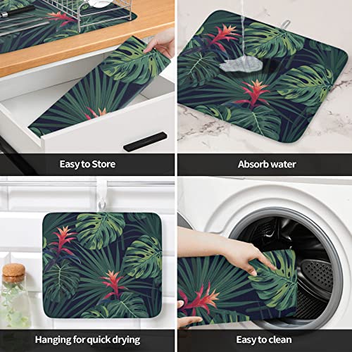 Dish Drying Mat For Kitchen Counter Absorbent Quick Drying Mat, Tropical Jungle Turtle Leaf Flower Hawaiian Plant Microfiber Drying Pad Countertop Protector, Easy To Hang- 16 X 18 #TOP3