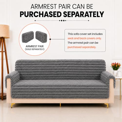 Image of Homerz Premium Rabbit Fur Sofa Cover with Anti-Skid Backing, Soft Plush Fabric Sofa Protector for Living Room Furniture (Grey, 7 (3+2+2) Seater, Seat Cover with Backrest)