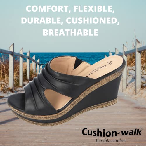 Ladies Leather Lined Peep Toe Mid Wedge Mule Sandals (Black, numeric_6) - Image 7