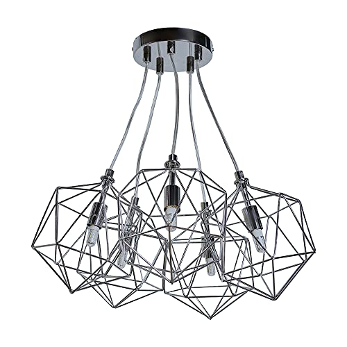 Image of MiniSun | Industrial 5 Way Geometric Chrome Wire Basket Cage Ceiling Pendant Light Fitting | Pendant Lights, Home Décor & Improvement Essential | Mains Wired