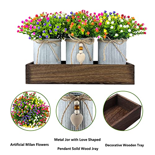 HEMYLU Table Centerpiece Decoration Artificial Flower Set with 3 Fake Milan Bouquet and Wood Tray for Desk Home Bathroom Office Décor