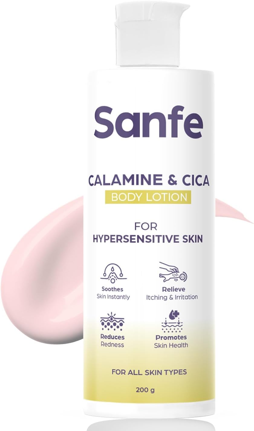 Sanfe Calamine & Cica Body Lotion | For Itching, Irritation, Redness, Dryness | Rapid Relief For Hypersensitive skin | For Men & Women - 200ml