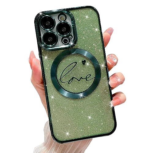 MGQILING Compatible with iPhone 13 pro Magnetic Glitter Case-6.1 Inch, Luxury Love Heart Pattern Plating Clear Case, Compatible with MagSafe for Women Girls Shockproof Back Cover-Green