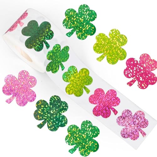 Image of 500Pcs St. Patrick's Day Stickers 1in Laser Shamrock Clover Stickers Roll 3 Colors Holographic Self-Adhesive Waterproof Irish Sticker Decor for Bottle Scrapbook Journal Envelopes Decorations