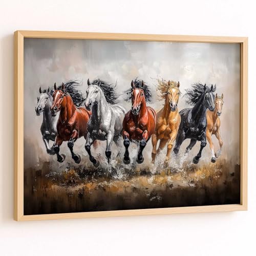Image of HOTHOUSE Seven Running Vastu Lucky Horse Painting | 7 Horses Vastu Frame Wall Art Painting for Living Room Bedroom Office Home Decor Wall Decor Size (19X25 inch)