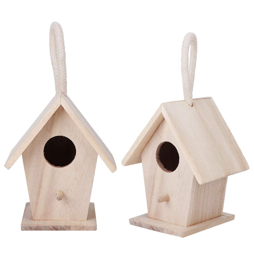 Wooden Bird House for Outdoor Hanging Birdhouse, 2PCS Parakeet Nesting Box DIY Paintable Wooden Bird House with Perch for Dove Finch Wren Robin Hummingbird Sparrow and Small Pet Birds, 3.3x4.3x2.6in
