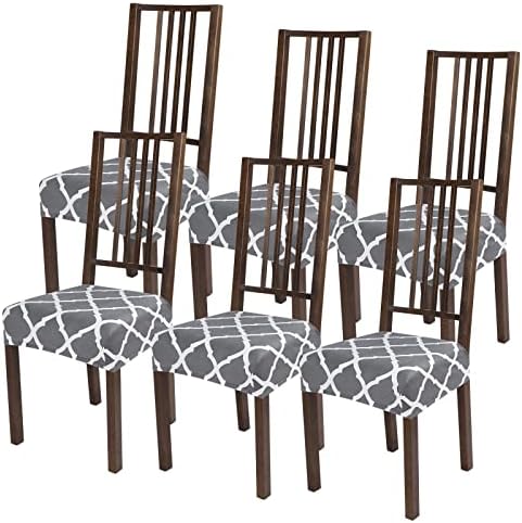 Ryoizen Seat Covers for Dining Room Chairs Grey Stretch Printed Chair Seat Covers Set of 6, Removable Washable Upholstered Chair Seat Protector Cushion Slipcovers for Kitchen, Office