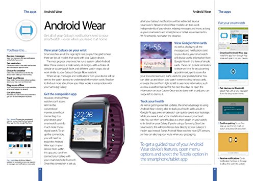 A page from a manual showing various app icons and instructions for using apps on a Samsung Galaxy device, including a section on Android Wear.