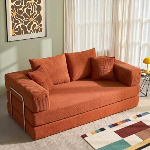 YINIX Cordstoff Schlafsofa 200cm, 5-in-1 Faltbares 3-Sitzer Bodensofa mit Metallrahmen, Modulares Gästebett aus hochdichtem Schaumstoff, Keine Montage (Terrakotta, 200cm)