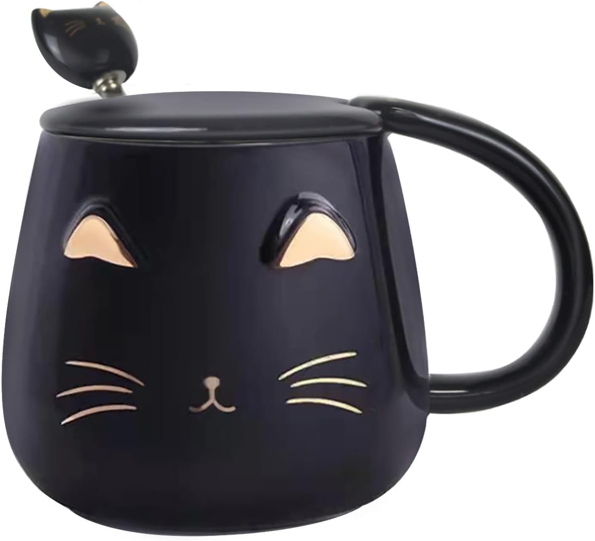 Benting Cat Mug Cute Coffee Mug, Gift for Cat Lovers Ceramic Mug, Novelty Mug with Lid and Stainless Steel Spoon, Christmas Birthday Gift for Kids, Ladies, Girls (Black)