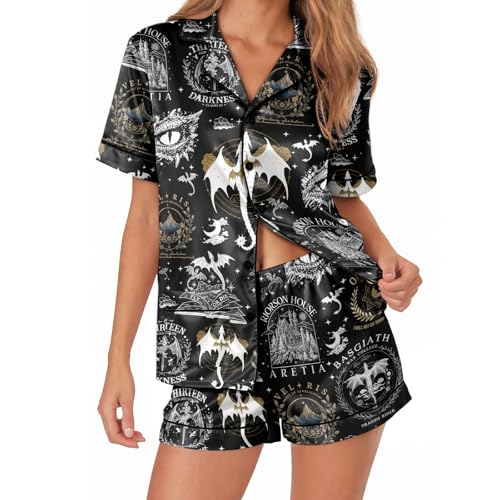 Image of Women's satin pajamas set, Short-sleeve button down Loungewear | Exclusive print on soft satin fabric; breathable comfort for sleep or lounge; button front top, elastic shorts; easy care