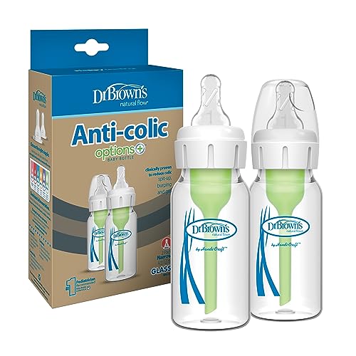 Image of Dr. Brown’s Natural Flow® Anti-Colic Options+™ Narrow Glass Baby Bottles 4 oz/120 mL, with Level 1 Slow Flow Nipple, 2 Pack, 0m+