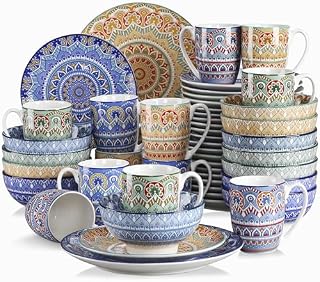 Vancasso Mandala wzorzysty, porcelanowy zestaw obiadowy, 48 elementów, w stylu boho, talerz obiadowy 27 cm, talerz deserowy 20 cm, miska 15 cm, kubek 384 ml, serwis dla 8 osób, wielokolorowy