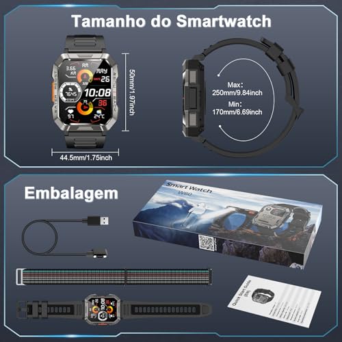Relógio Inteligente,Smartwatch Militar,My Watch de Chamadas Bluetooth,Relógio de Fitness,Rastreador de Fitness e Rastreador de Atividades,IP68 à Prova D'água,Lanterna,Bateria de 900mAh,Preto - Imagem 6