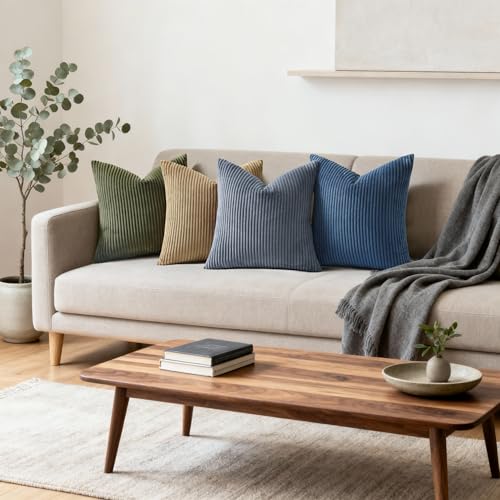 Image of Mecatny Corduroy Decorative Throw Pillow Covers 24x24 Set of 2 for Sofa Living Room, Soft Neutral Boho Couch Pillow Covers for Home Decor, Blue Grey