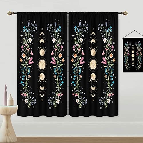 Mitpok Boho Moon Phase Floral Curtains for Bedroom 42Wx63H Inch Rod Pocket Black Wildflower Gothic Witchy Flower Moonlit Aesthetic Spring Garden Plants 2 Panel Window Treatment for Living Room Decor