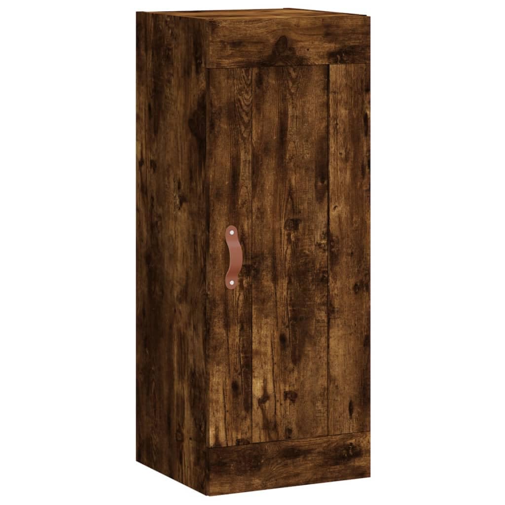 Armario flotante de roble ahumado premium, estantería cerrada de pared con tirador de piel