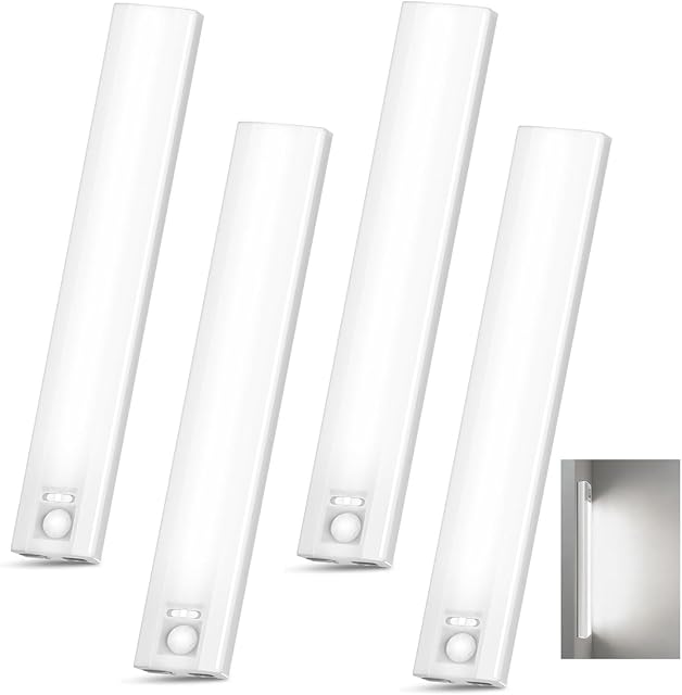 4 Pack 10’’ Under Cabinet Lighting, 6500K Motion Sensor Lights Indoor | Closet Light with 800LM, 6-Level Dimmable and Magnetic Mount, 120° Detection, 10FT Range for Kitchens, Closets, Stair
