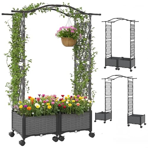 RELAX4LIFE Jardinière Surélevée avec Treillis, Arche Jardin avec 2 Jardinières sur roulettes, Montage Modulable sans Outil, Auto-Arrosage, Trous de...